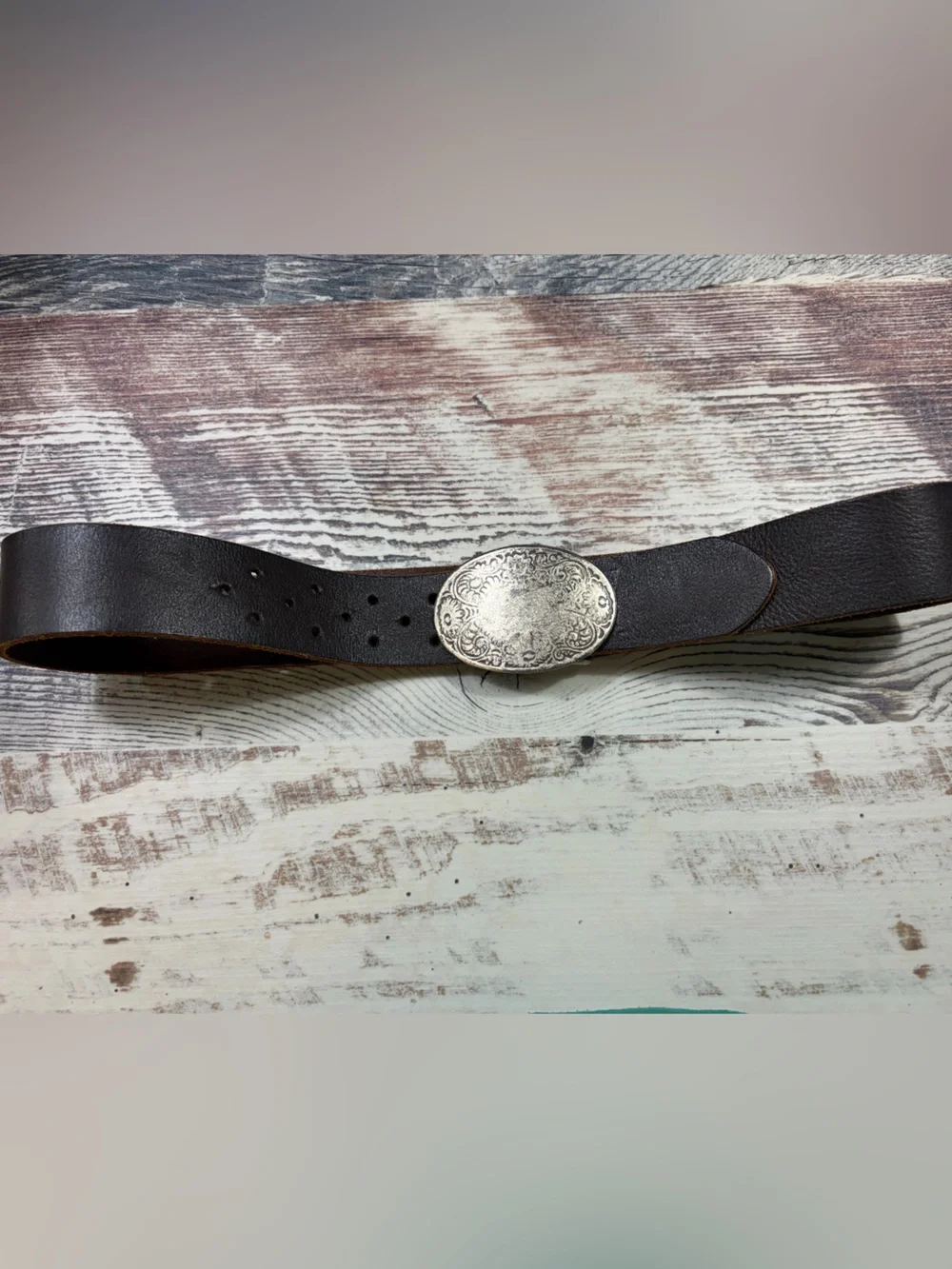 GAP Dark Brown Leather Belt with Ornate Silver Buckle